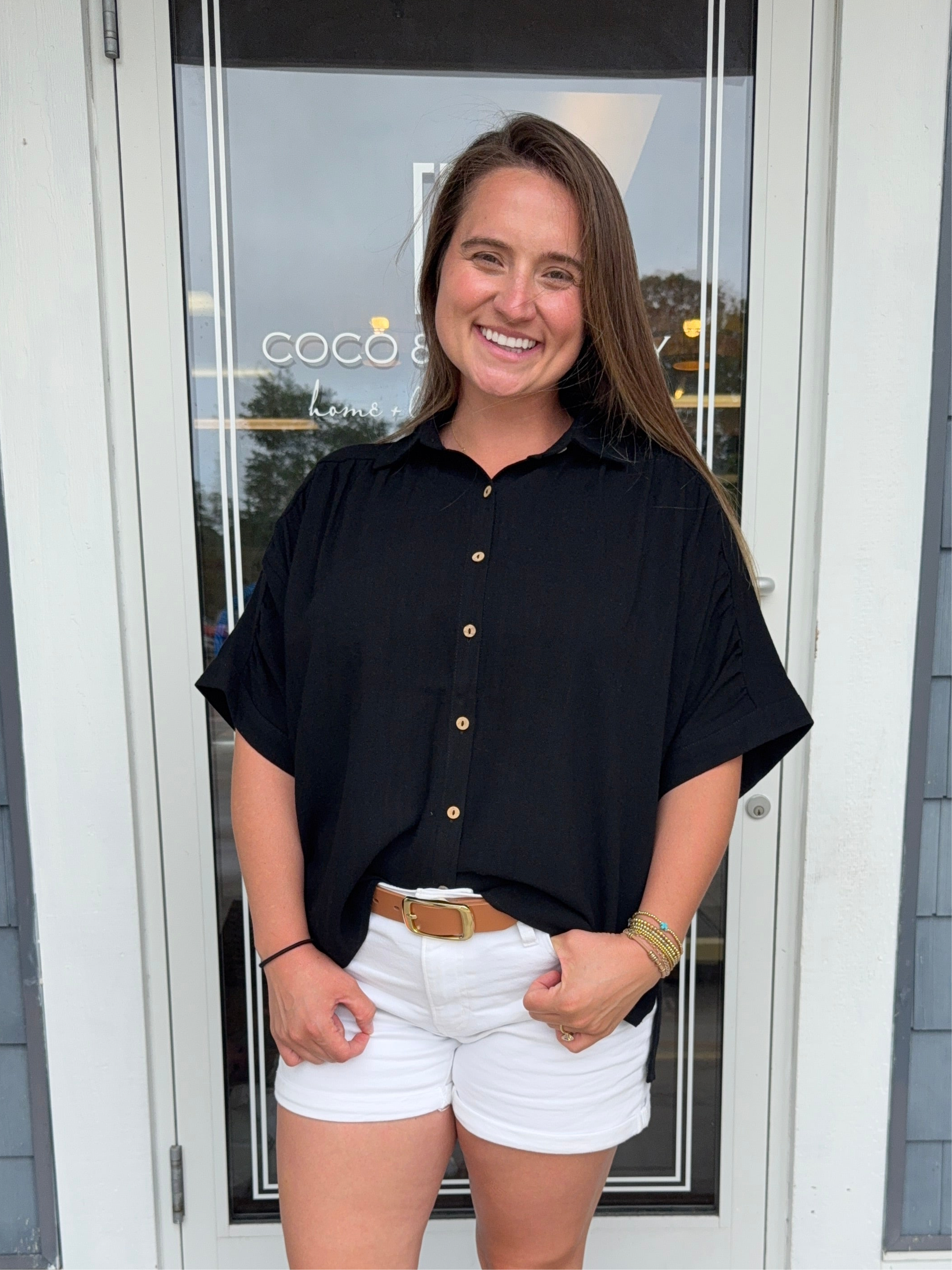 Black Linen Ruched Seam Cuffed Sleeve Button Down Top