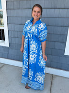 Vibrant Blue Mixed Print MIDI Dress