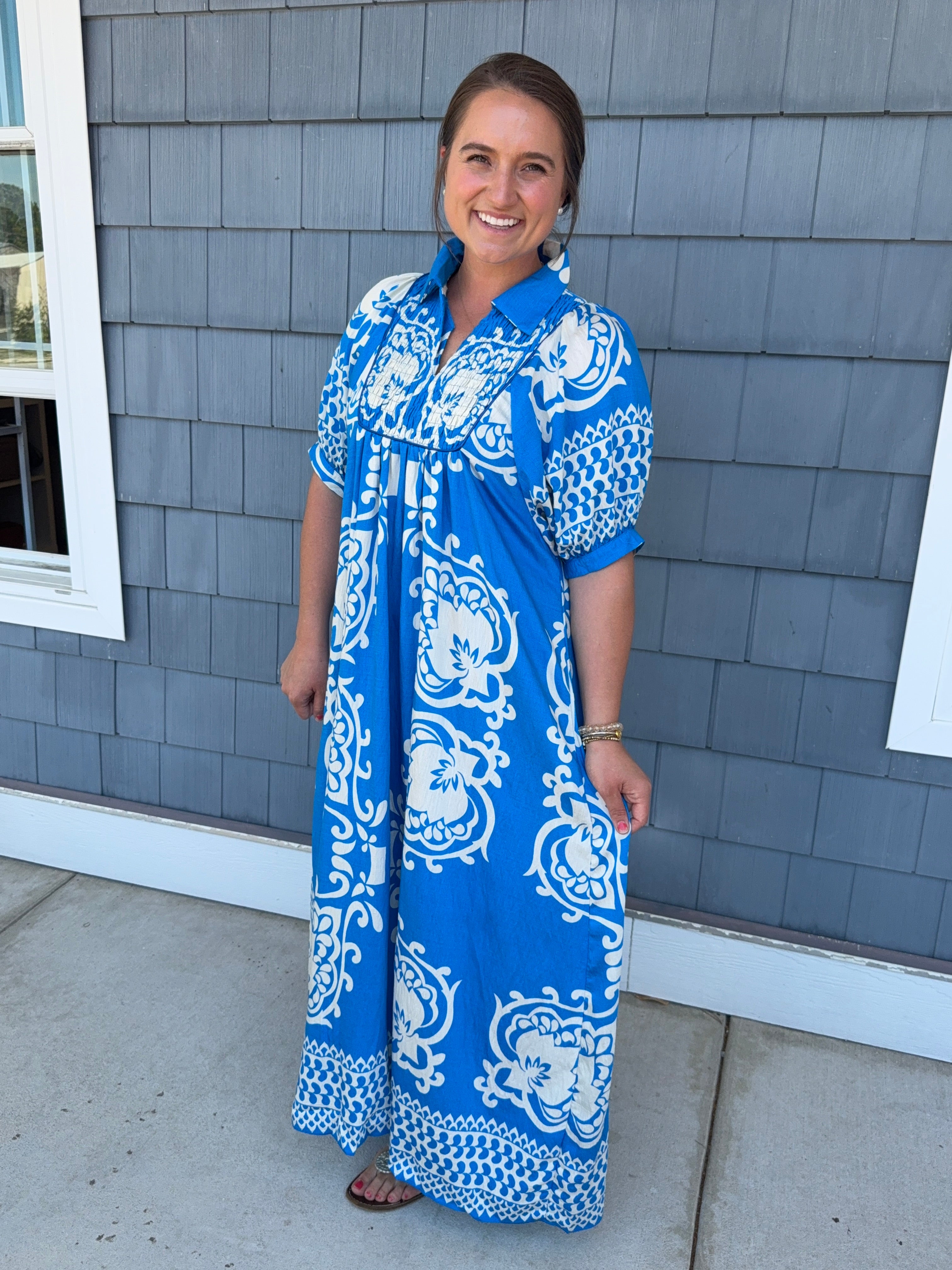 Vibrant Blue Mixed Print MIDI Dress