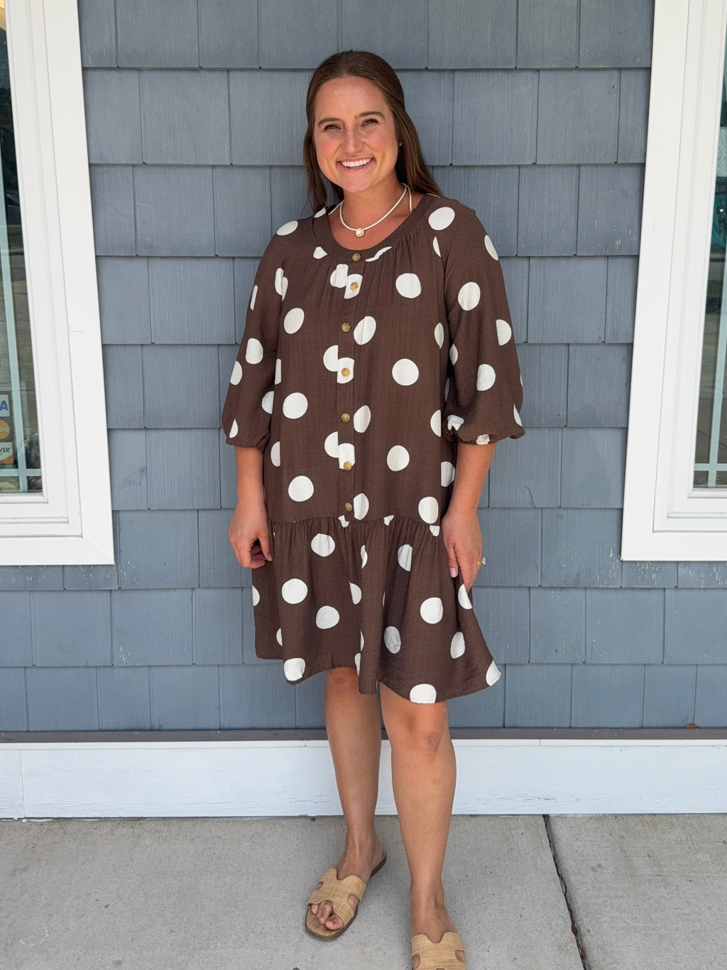 Brown Polka Dot Button Front Dress