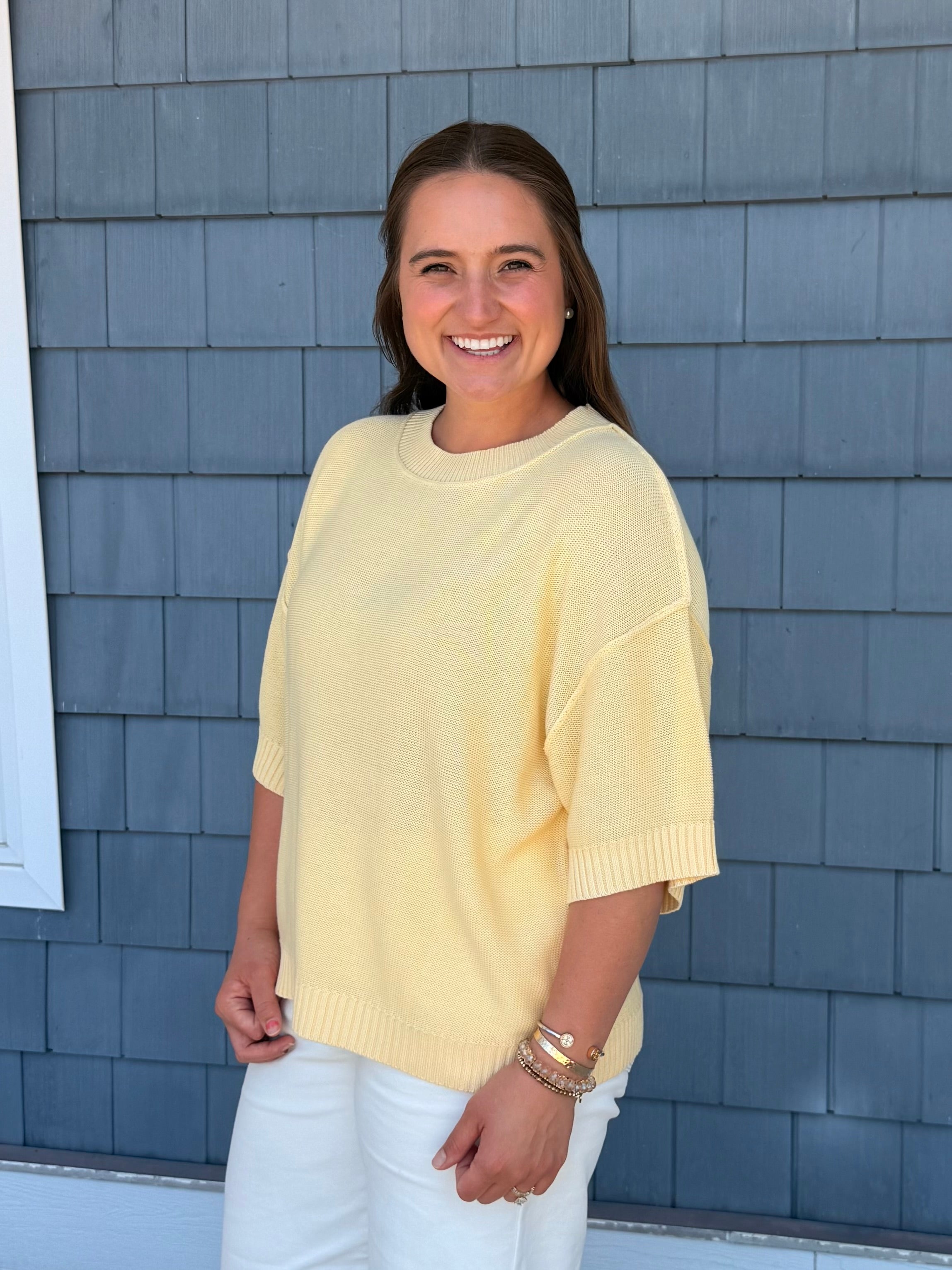 Yellow Oversize Cut Sweater Top with Raw Edge
