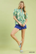 Green Floral Contrast Trim Blouse