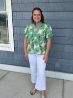 Green Floral Contrast Trim Blouse