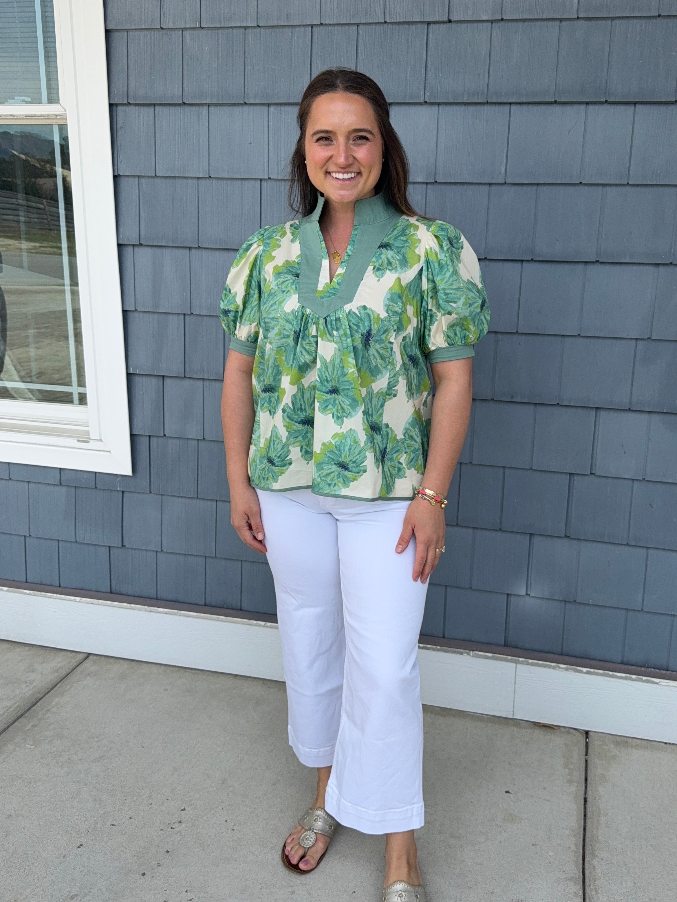 Green Floral Contrast Trim Blouse