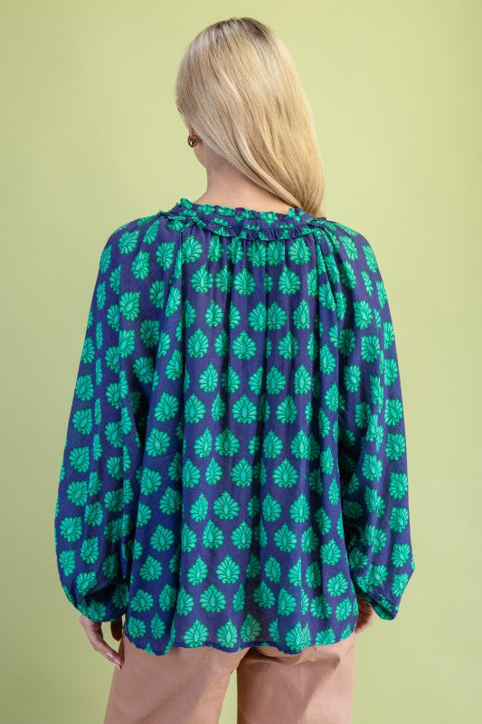 Navy Mix Blouse With Adjustable Tie String