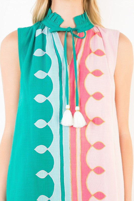 Preorder: Ruffle neck Tassel Color Block Dress THML