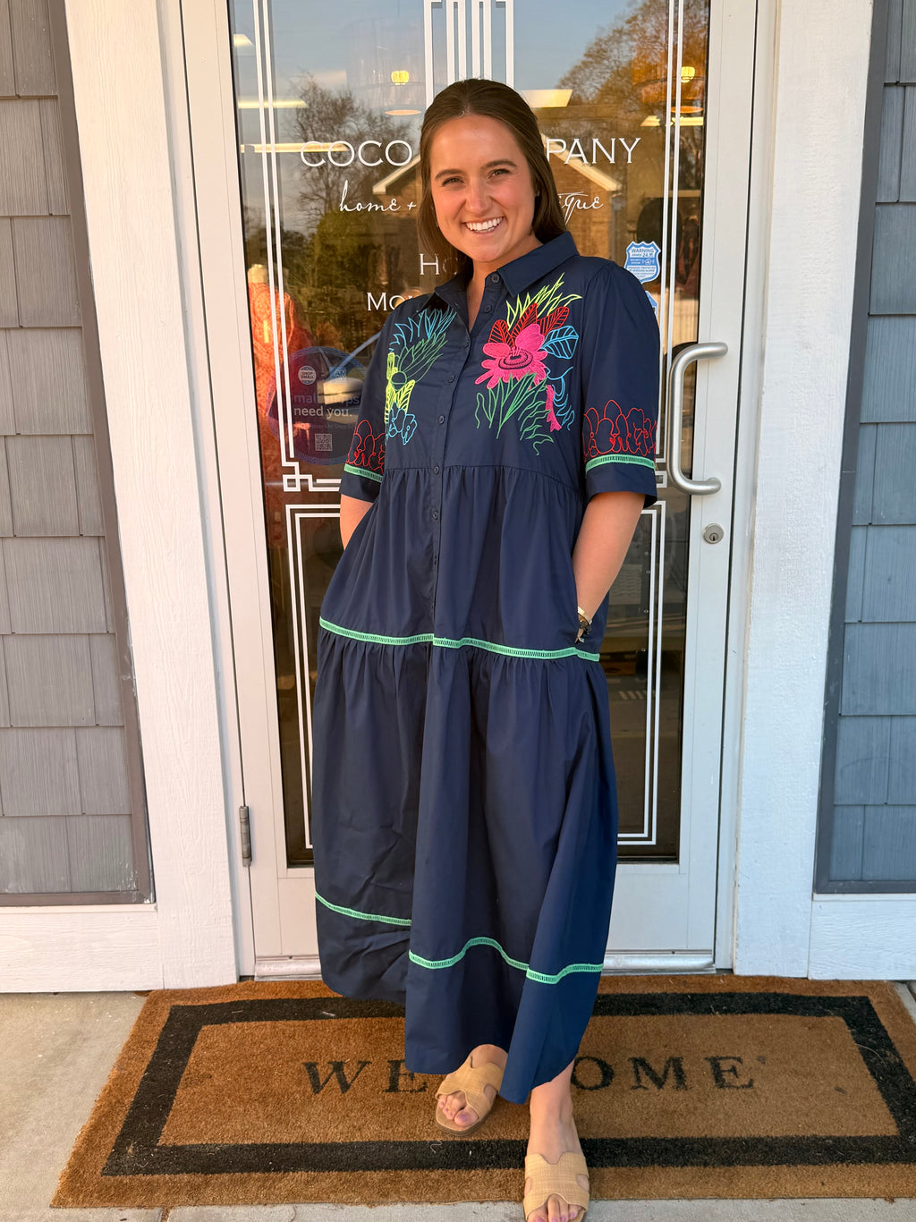 Navy Embroidered Button Down Midi Dress