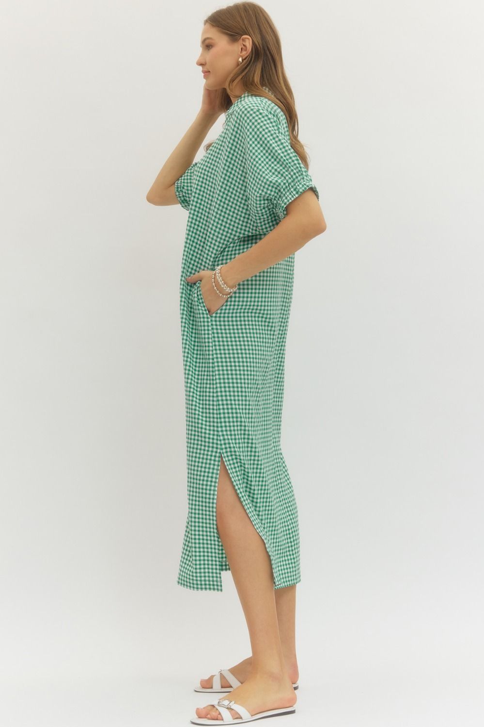 Green Gingham Check Midi Dress
