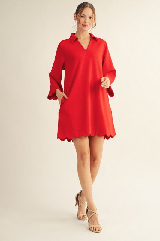 Red Scalloped Hem Solid Dress : SHIPS OR PICKUP 5/26/26