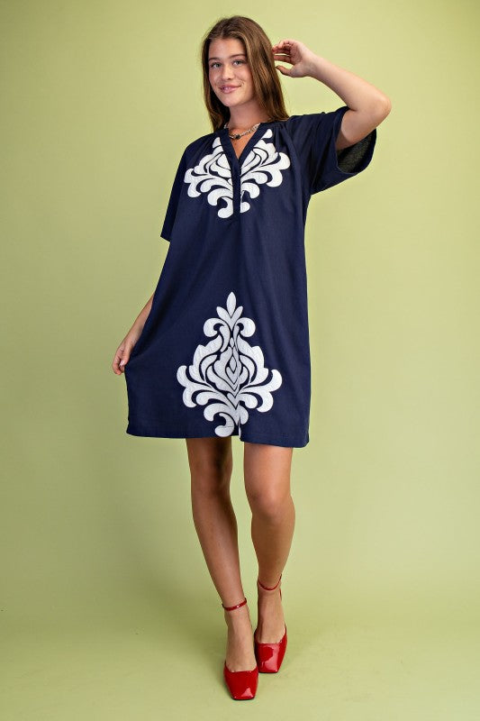 Navy Linen V-Neck Dress