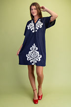 Navy Linen V-Neck Dress