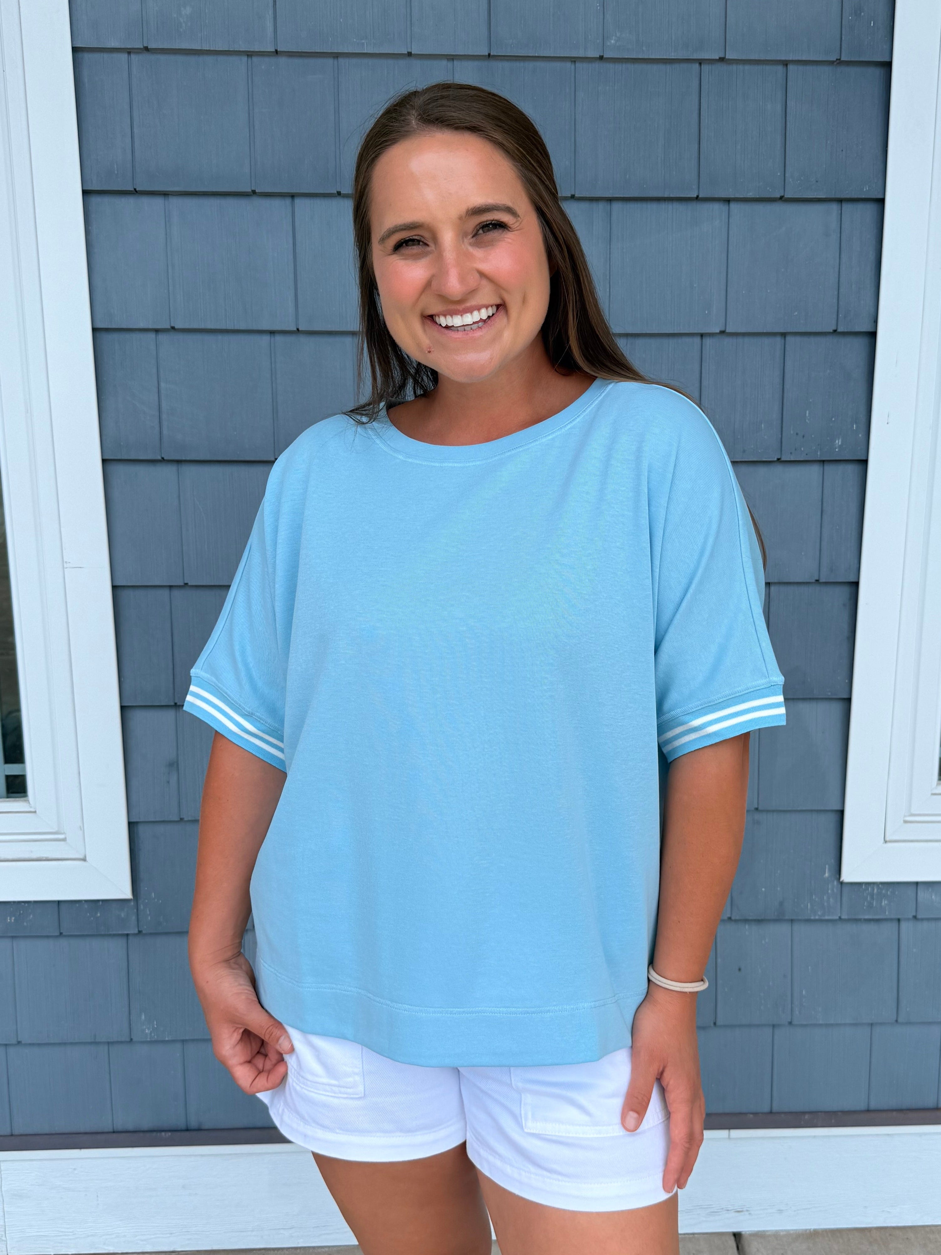 Sky Blue Round Neck Sleeve Trim Band Top