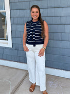 Navy & White Knit Sleeveless Attached Scarf Detail Neckline