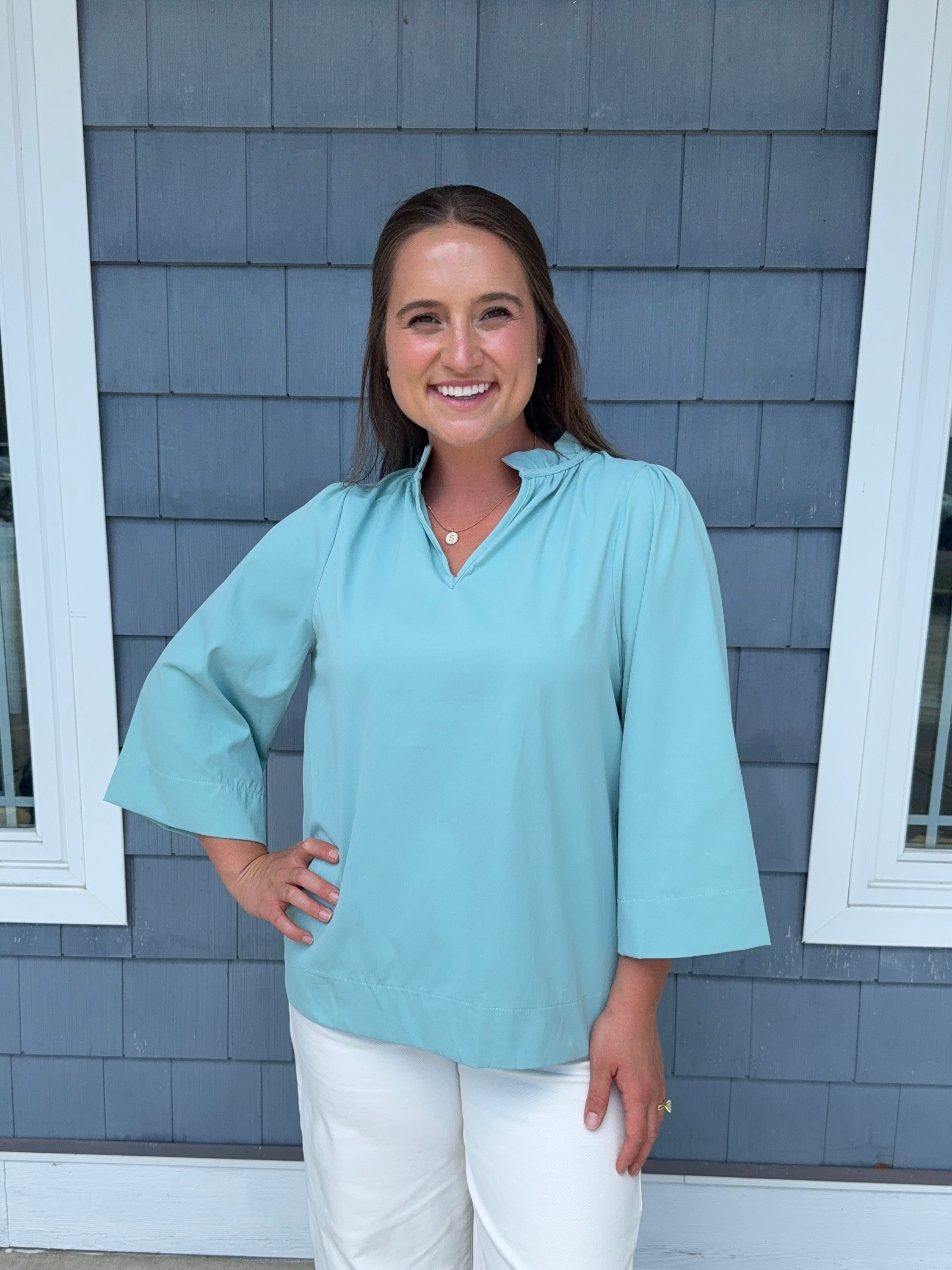 Seafoam Ruffled Neck Blouse