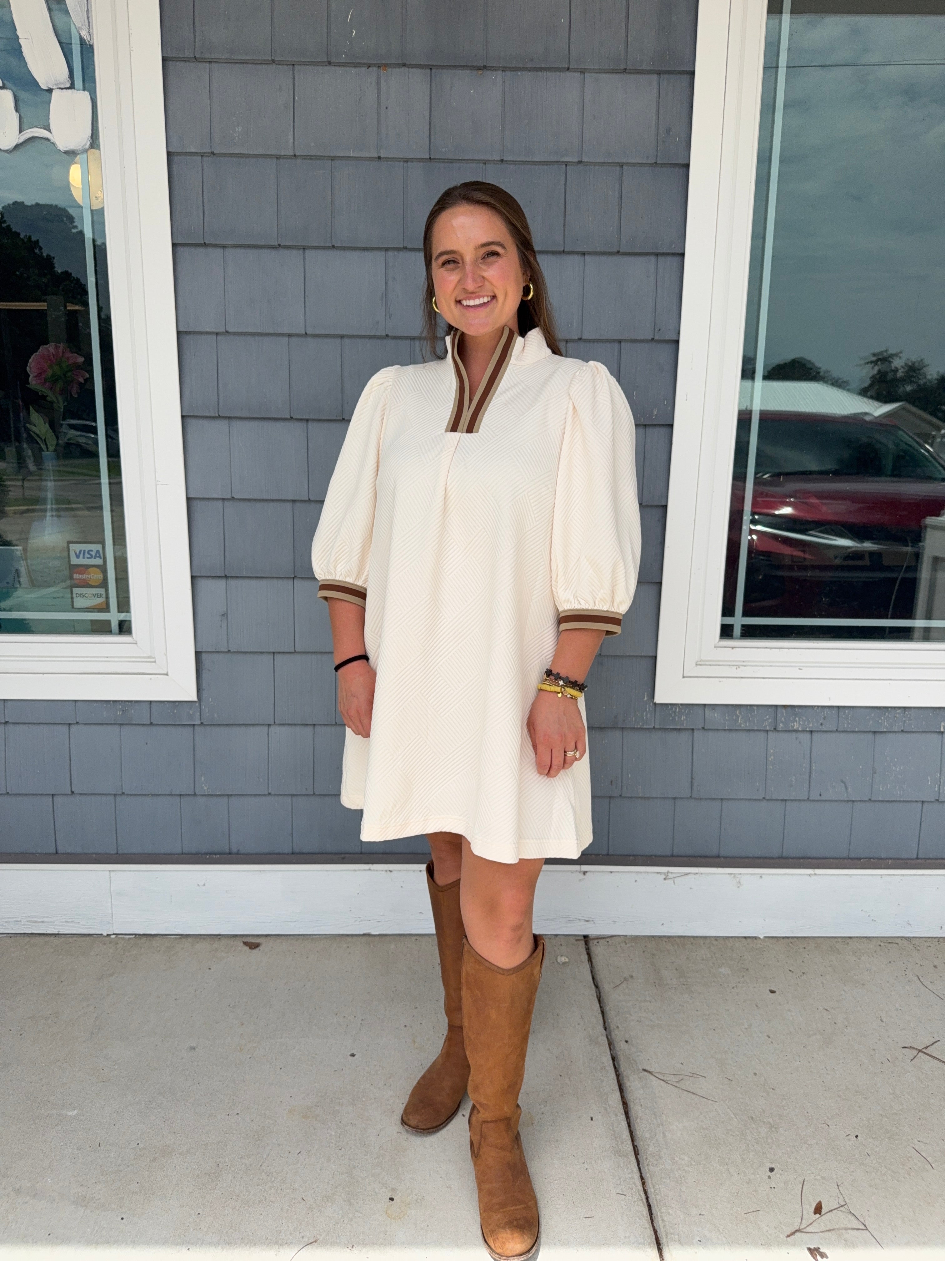 Cream Jacquard High Neck Mini Dress