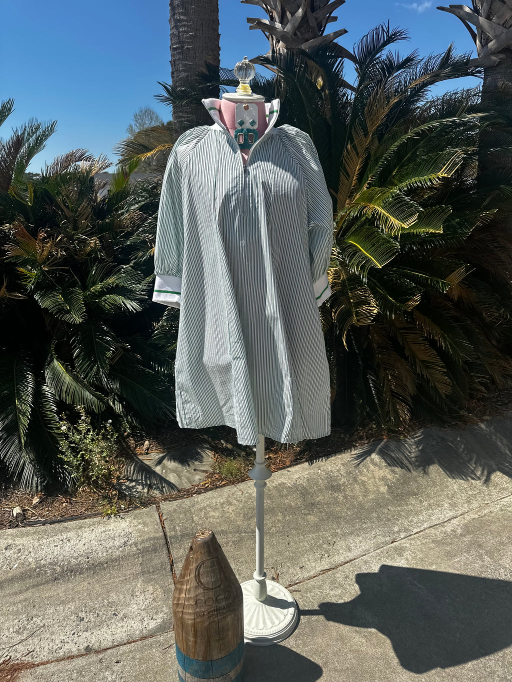 Green & White Mock Neck Banded Puff Sleeve Mini Dress