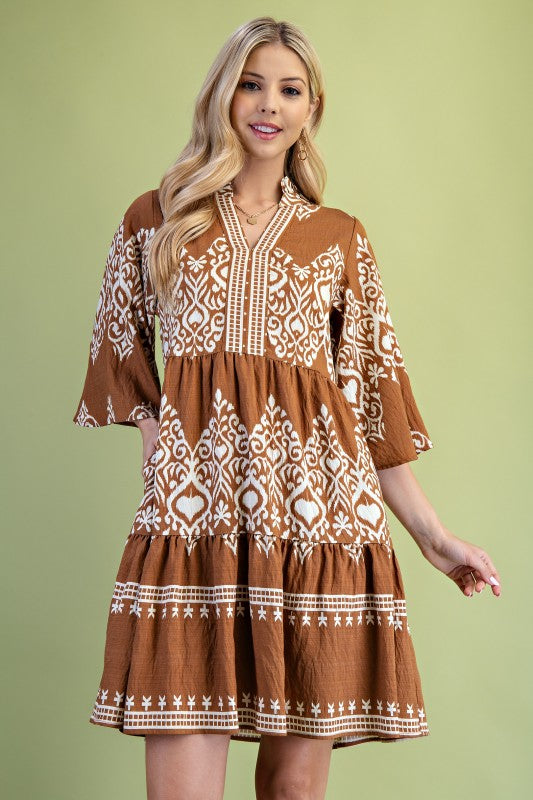 Camel Printed Tiered Dress