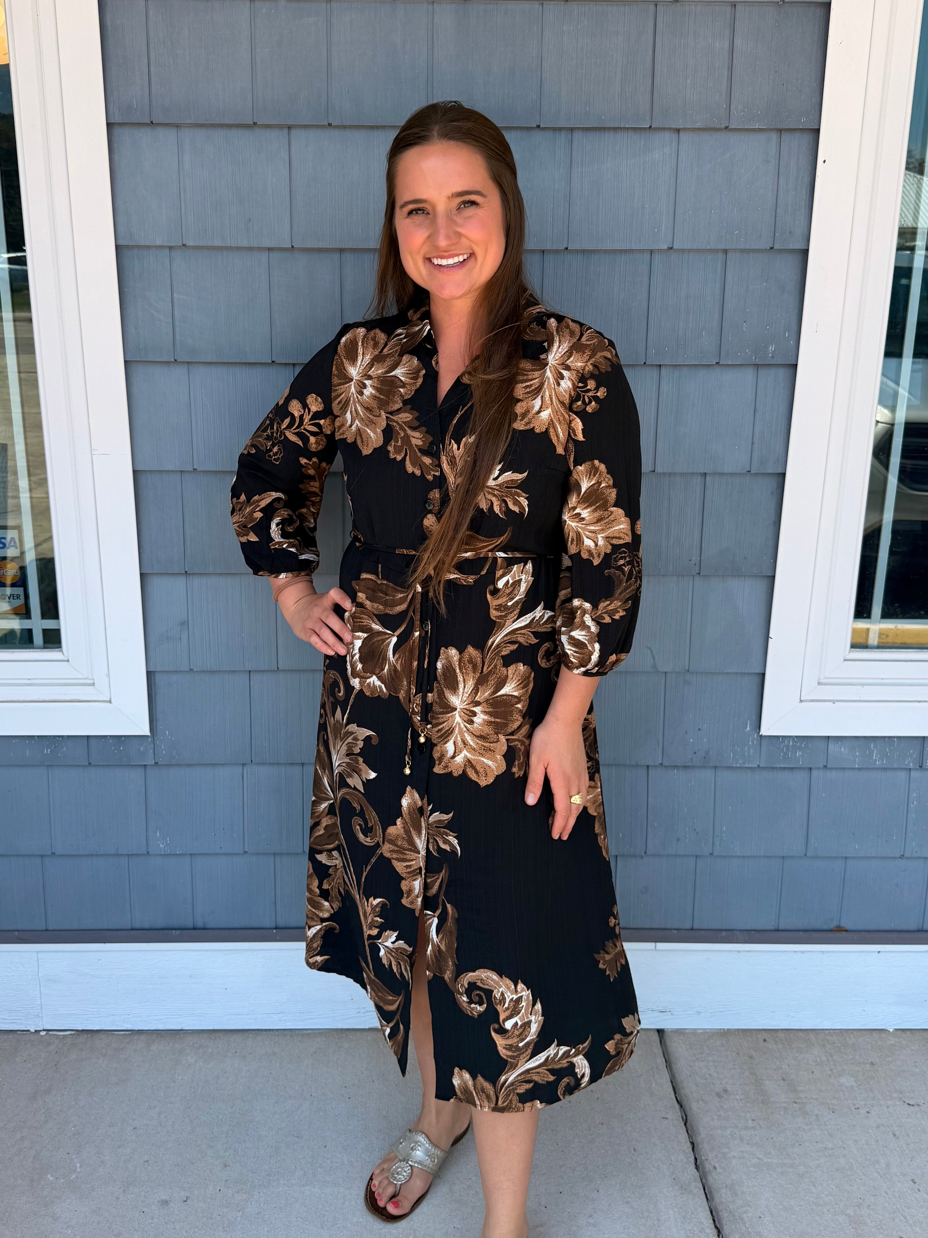 Fall Floral Black & Brown Self Tie Midi Dress