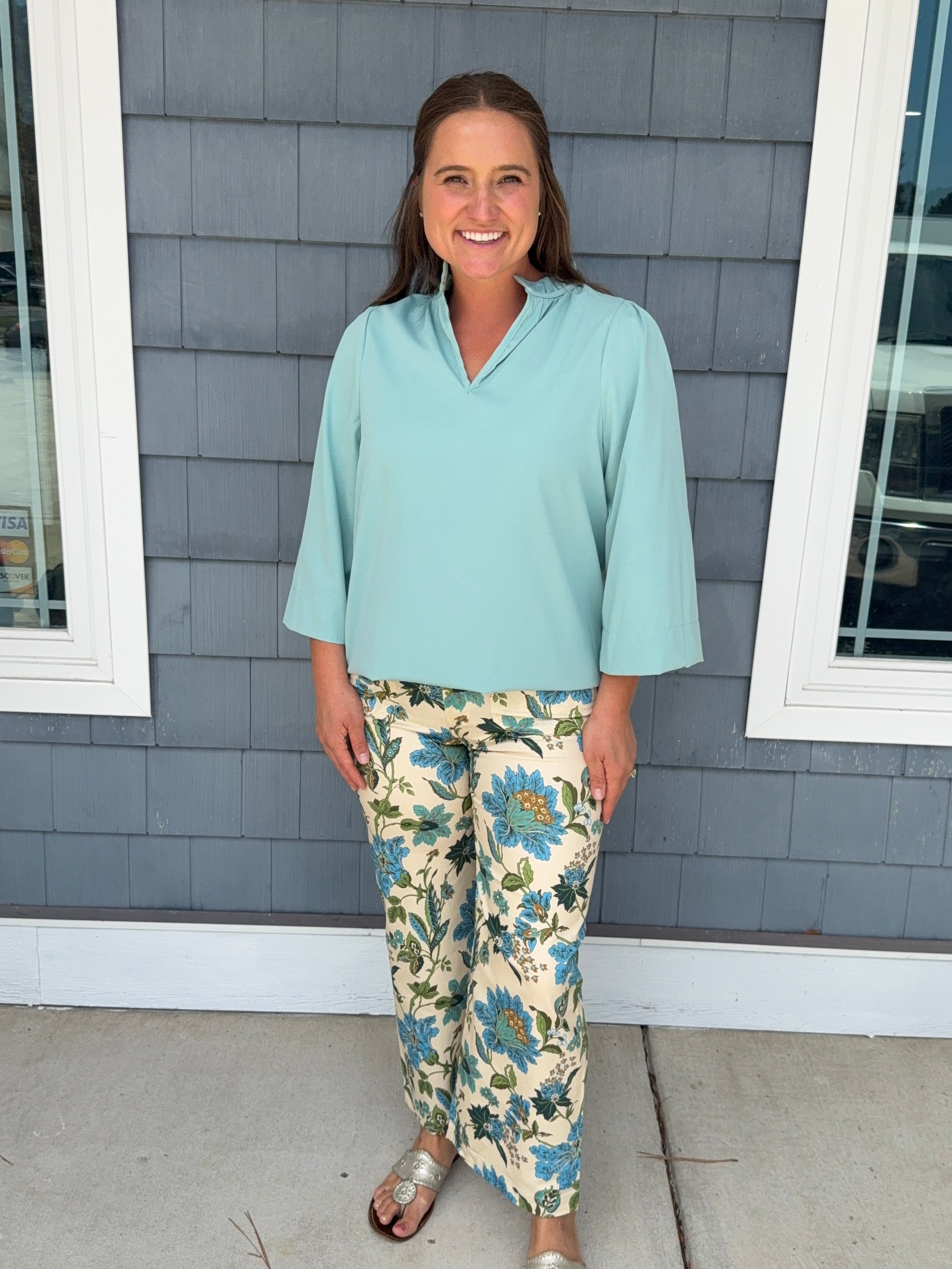 Blue Floral Ankle Cropped Pants