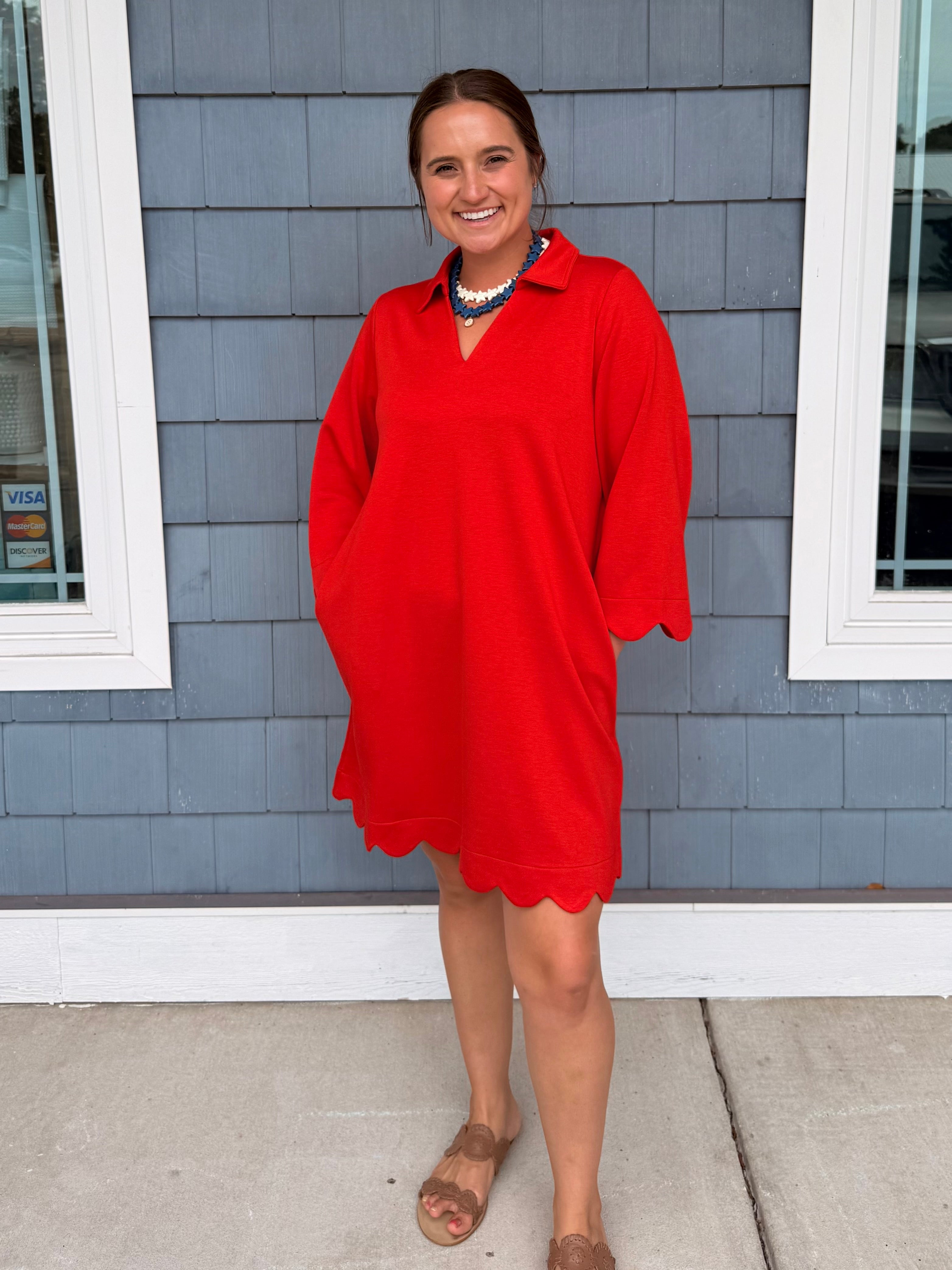 Red Scalloped Hem Solid Dress
