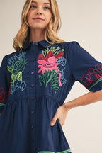 Navy Embroidered Button Down Midi Dress