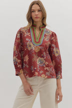 Burgundy Floral Print Scalloped Top