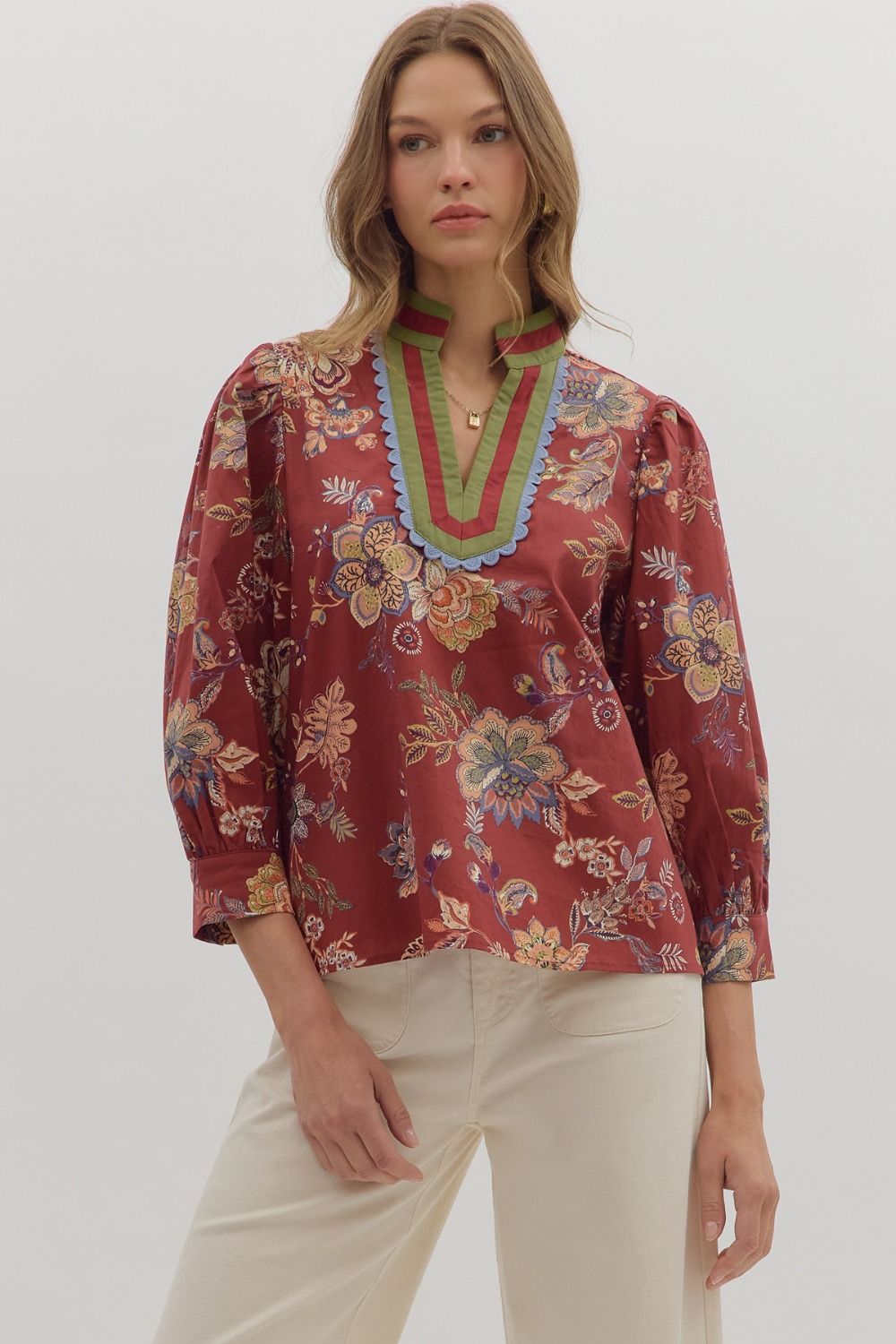 Burgundy Floral Print Scalloped Top