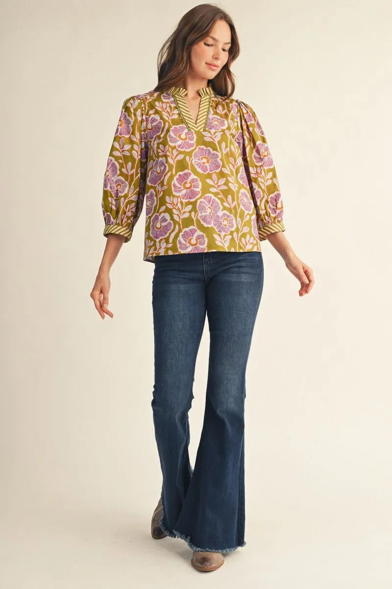 Green Floral V-neck Top
