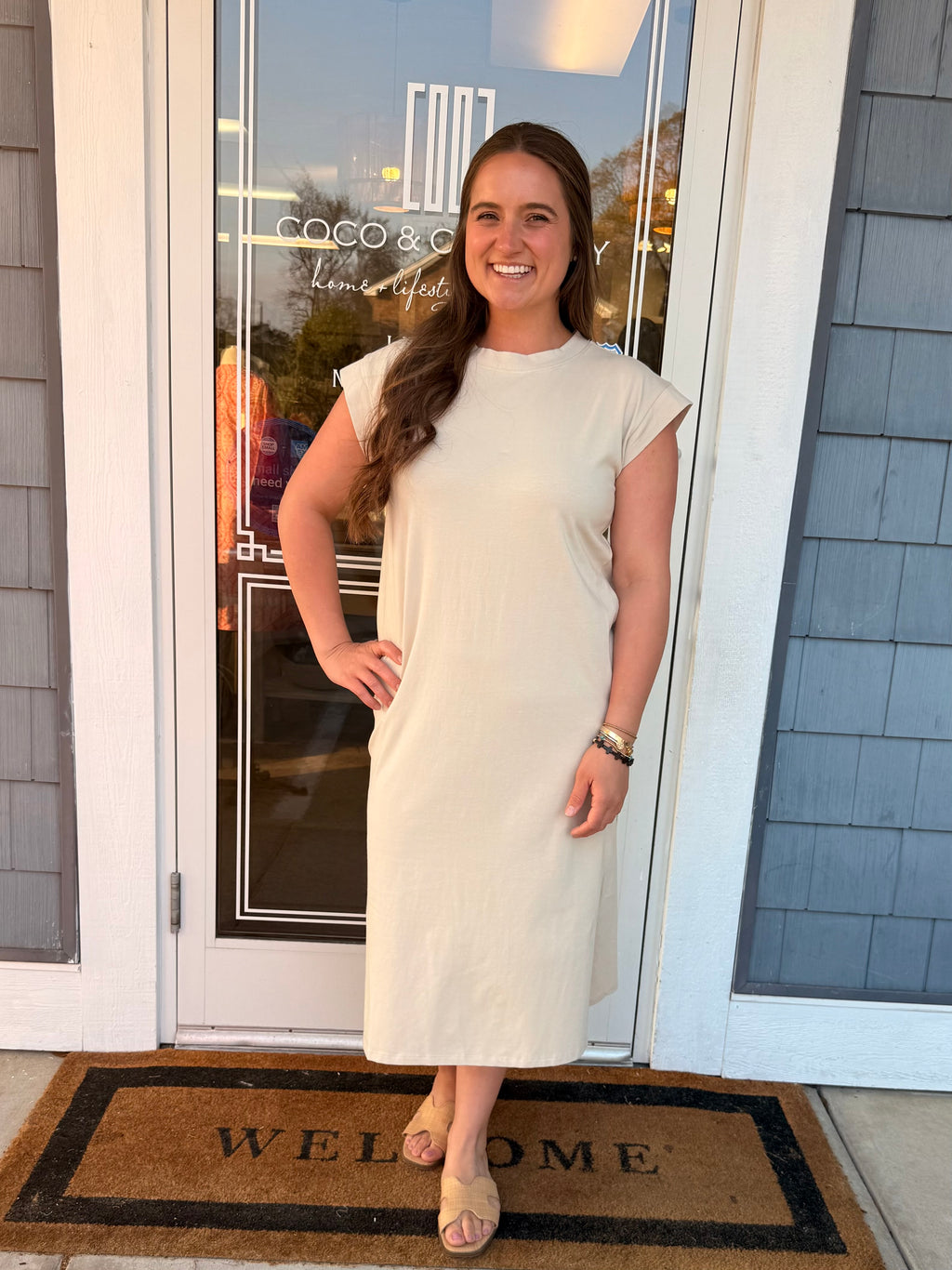 Sand Beige Round Neck Dress