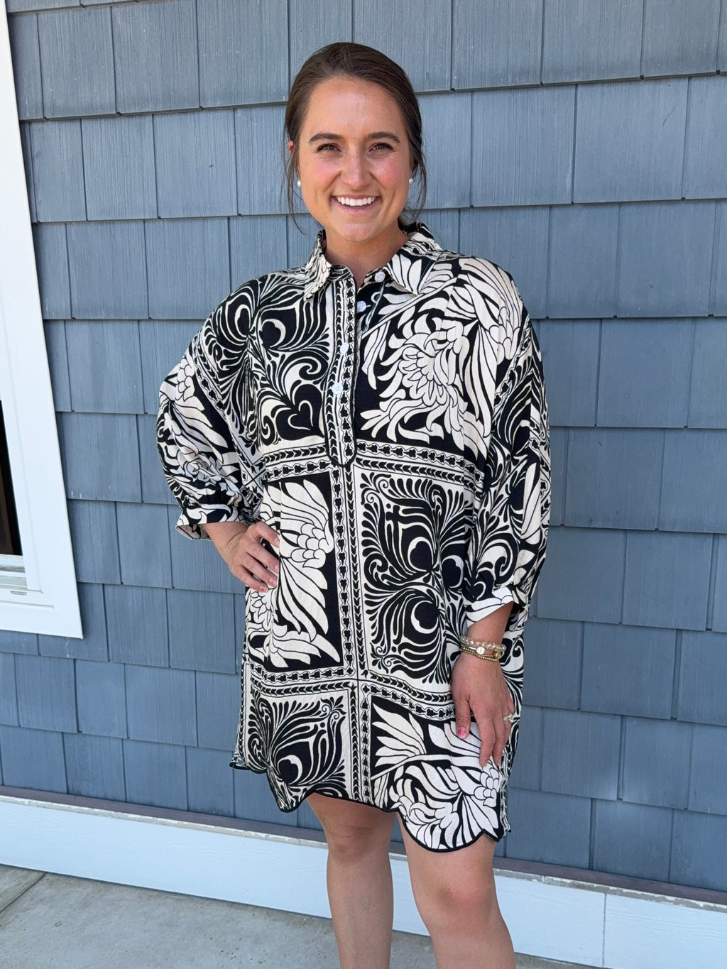 Black Marbled Bandana Dress W/ Scallop Detail