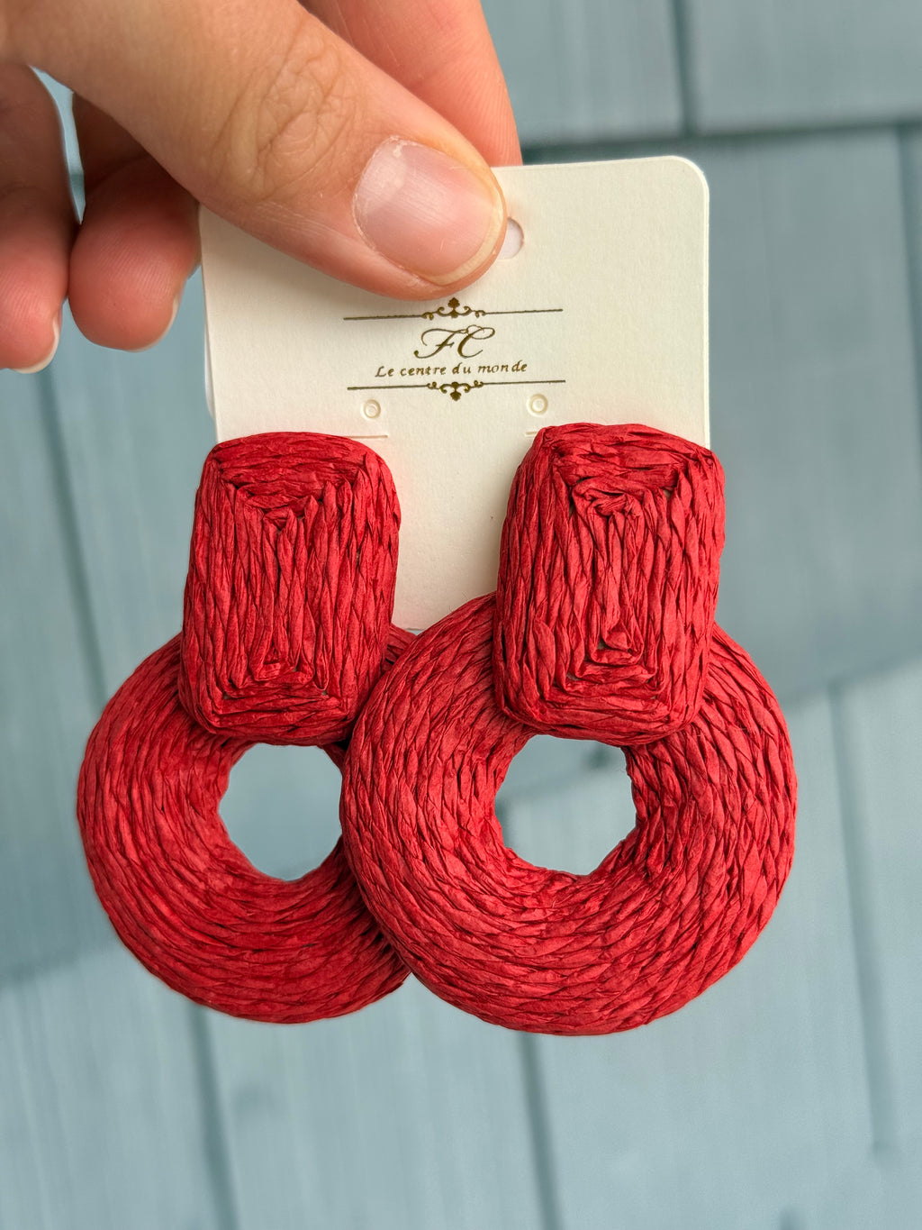 Wrapped Raffia Circle Dangle Earrings Red