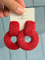 Wrapped Raffia Circle Dangle Earrings Red