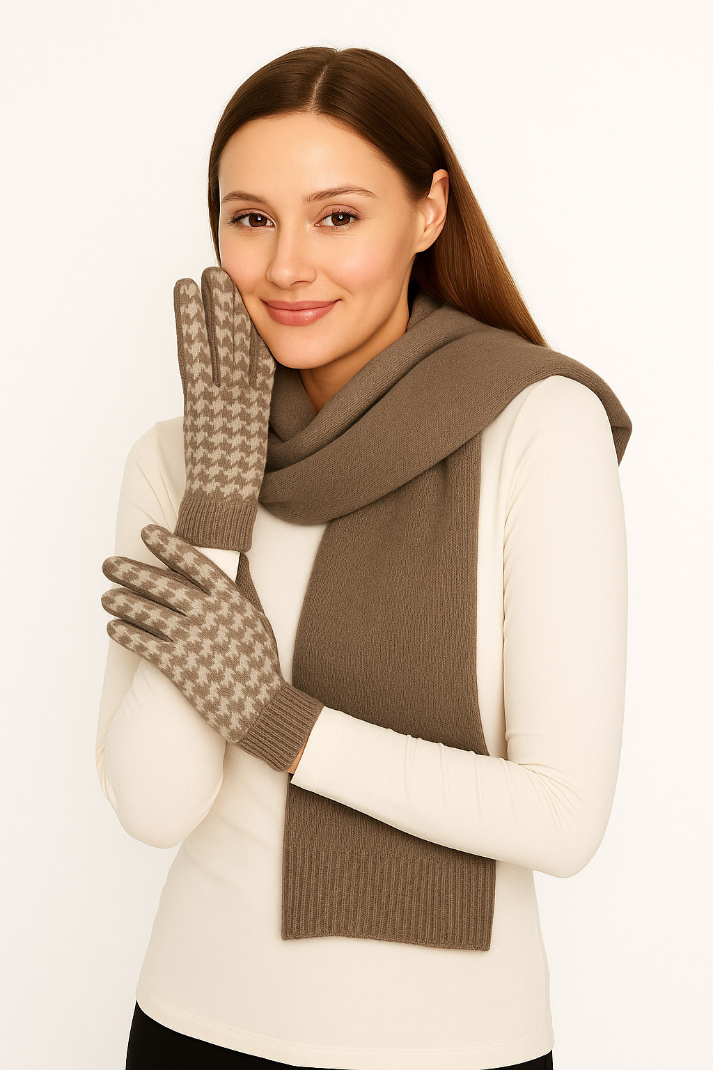 Beige Houndstooth Gloves