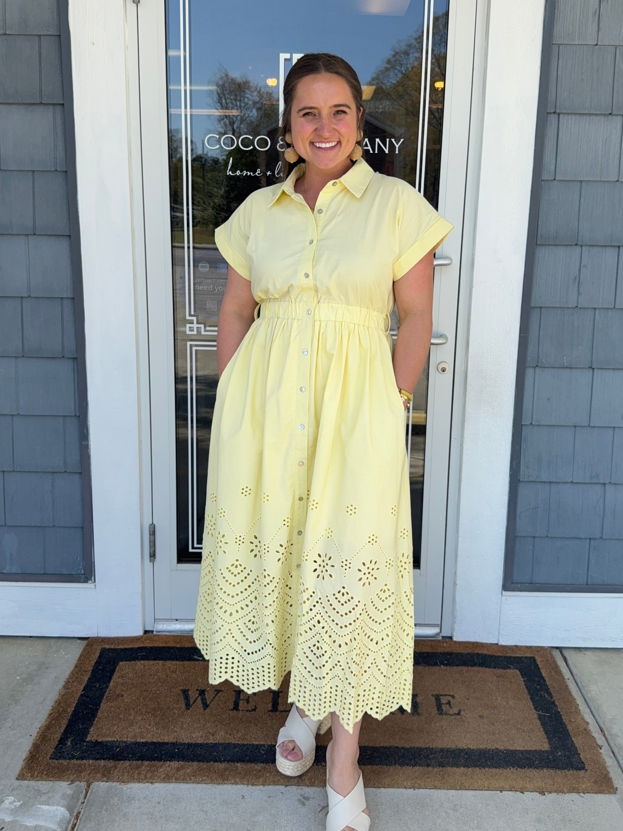 Lemon Eyelet Midi Dress Scallop Trim