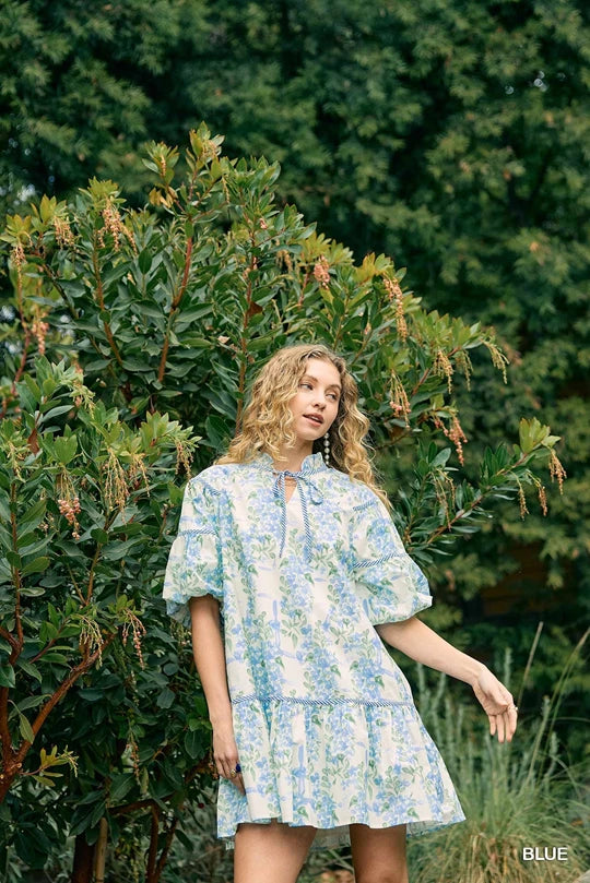 Blue Hydrangea Square Print Dress