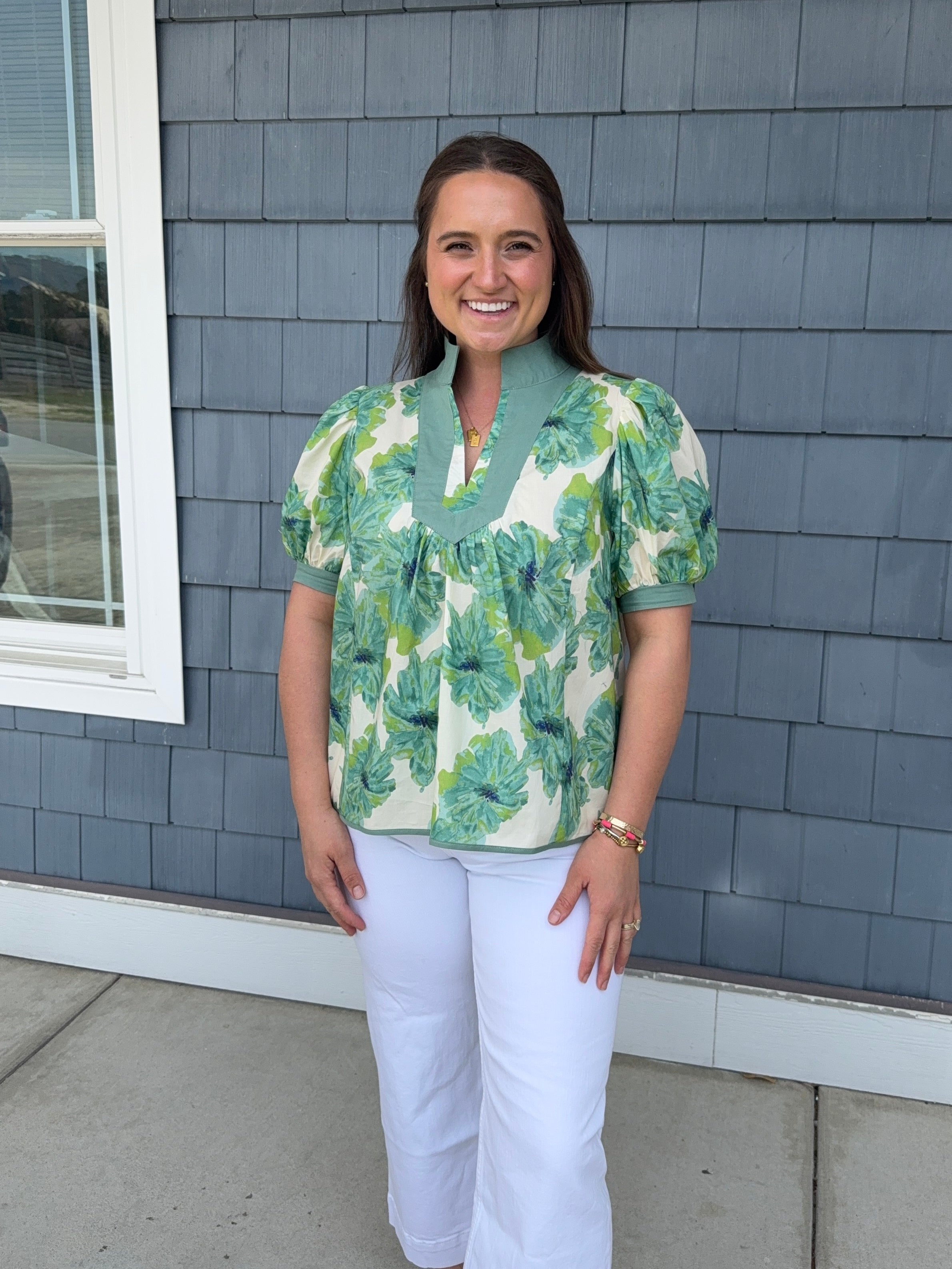 Green Floral Contrast Trim Blouse