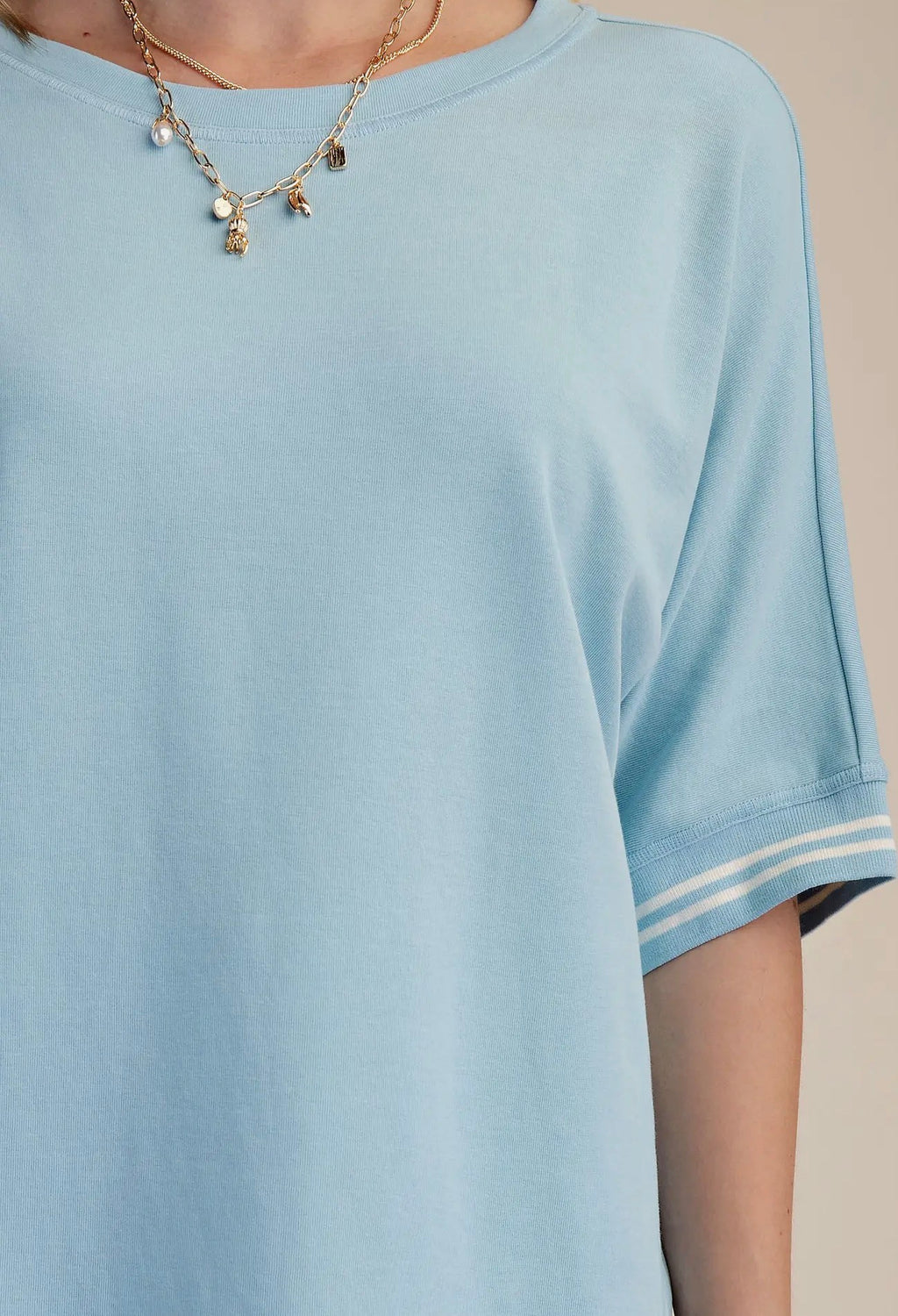 Sky Blue Round Neck Sleeve Trim Band Top