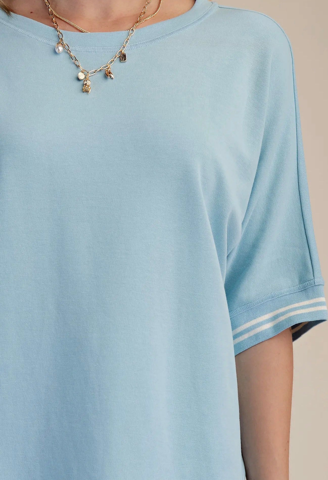 Sky Blue Round Neck Sleeve Trim Band Top