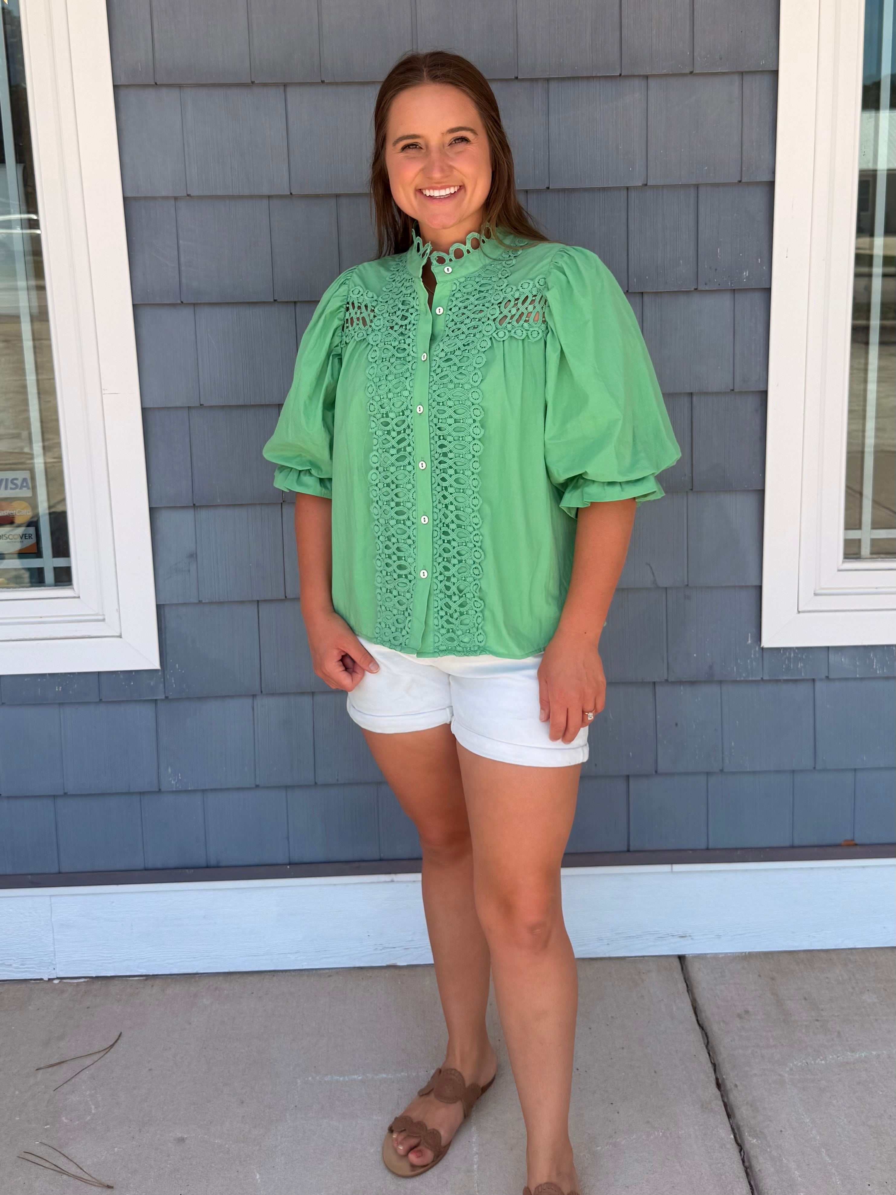 Mint Trim Detail Hutton Down Blouse