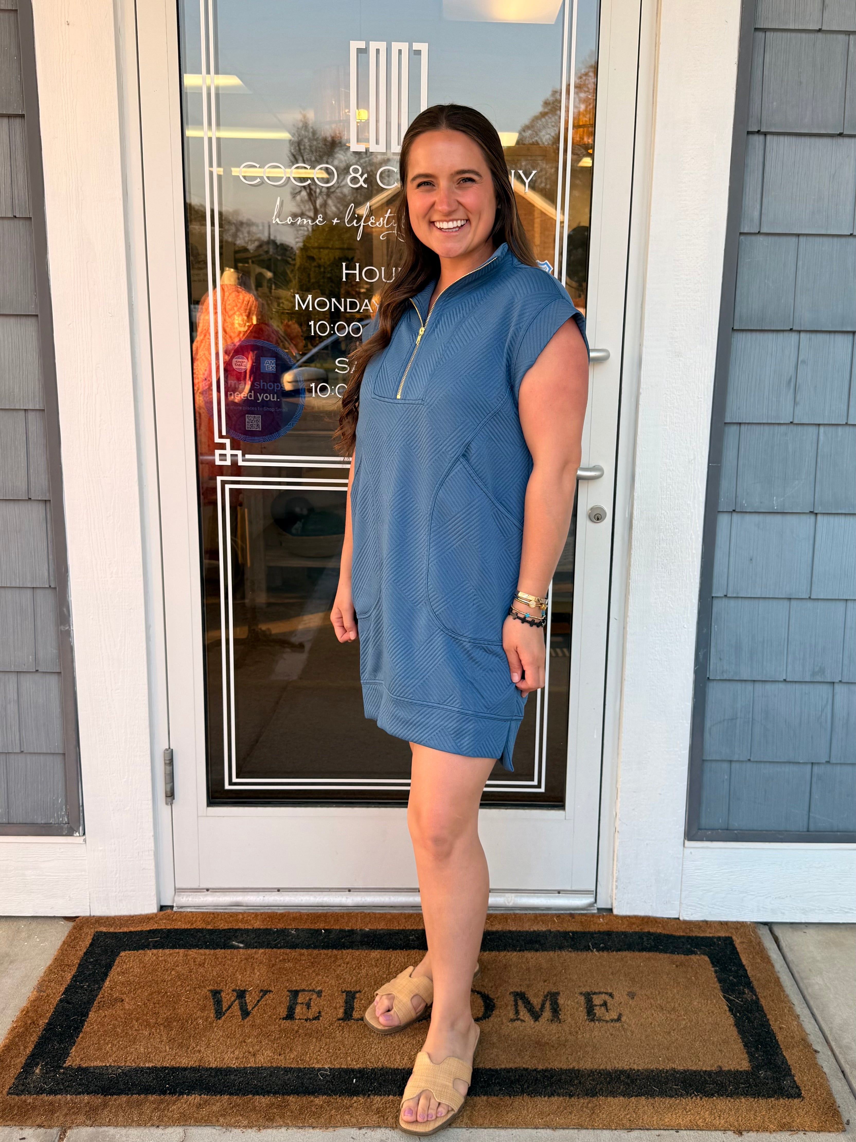 Textured Knit Quarter Zip Dress Dusty Blue