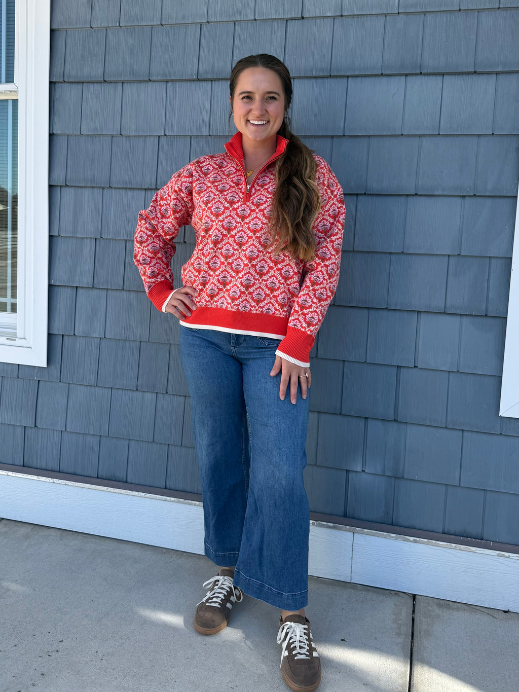 Red Orange Multi Floral Half Zip Mock Neck Pullover Sweater