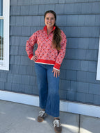 Red Orange Multi Floral Half Zip Mock Neck Pullover Sweater