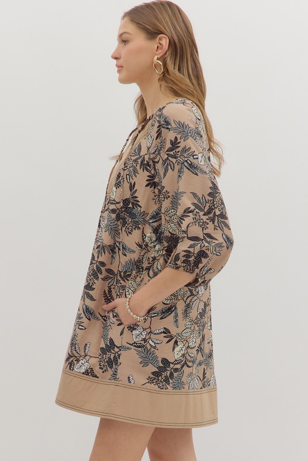 Taupe Botanical Print Contrast Dress SHIPS OR PICKUP 10/10/25