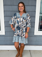 Blue Mixed Print Mini Dress