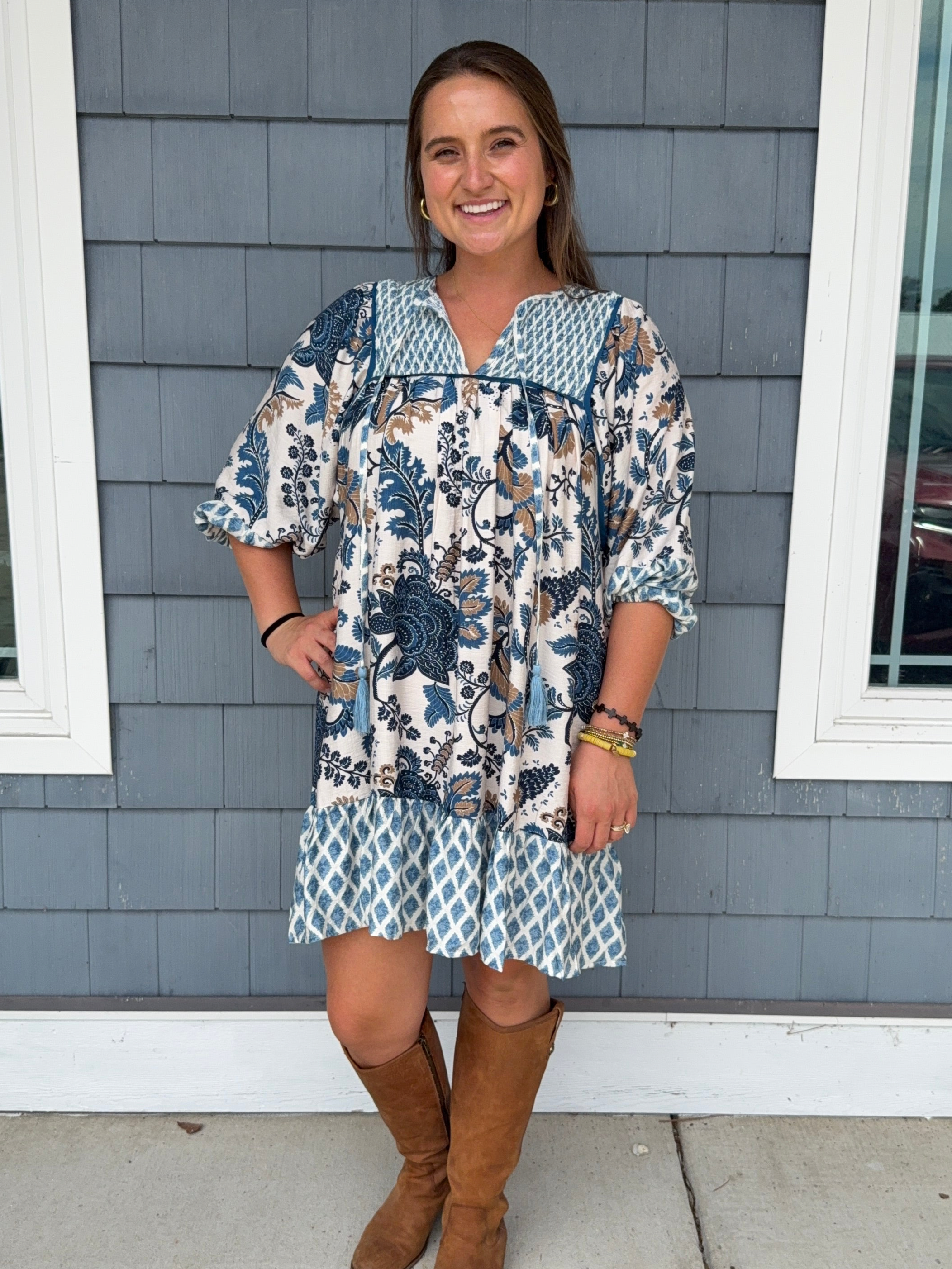 Blue Mixed Print Mini Dress