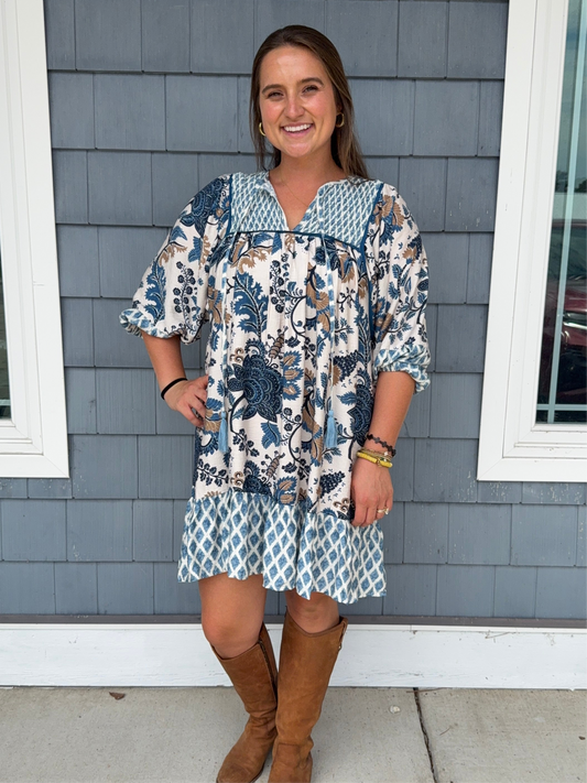 Blue Mixed Print Mini Dress