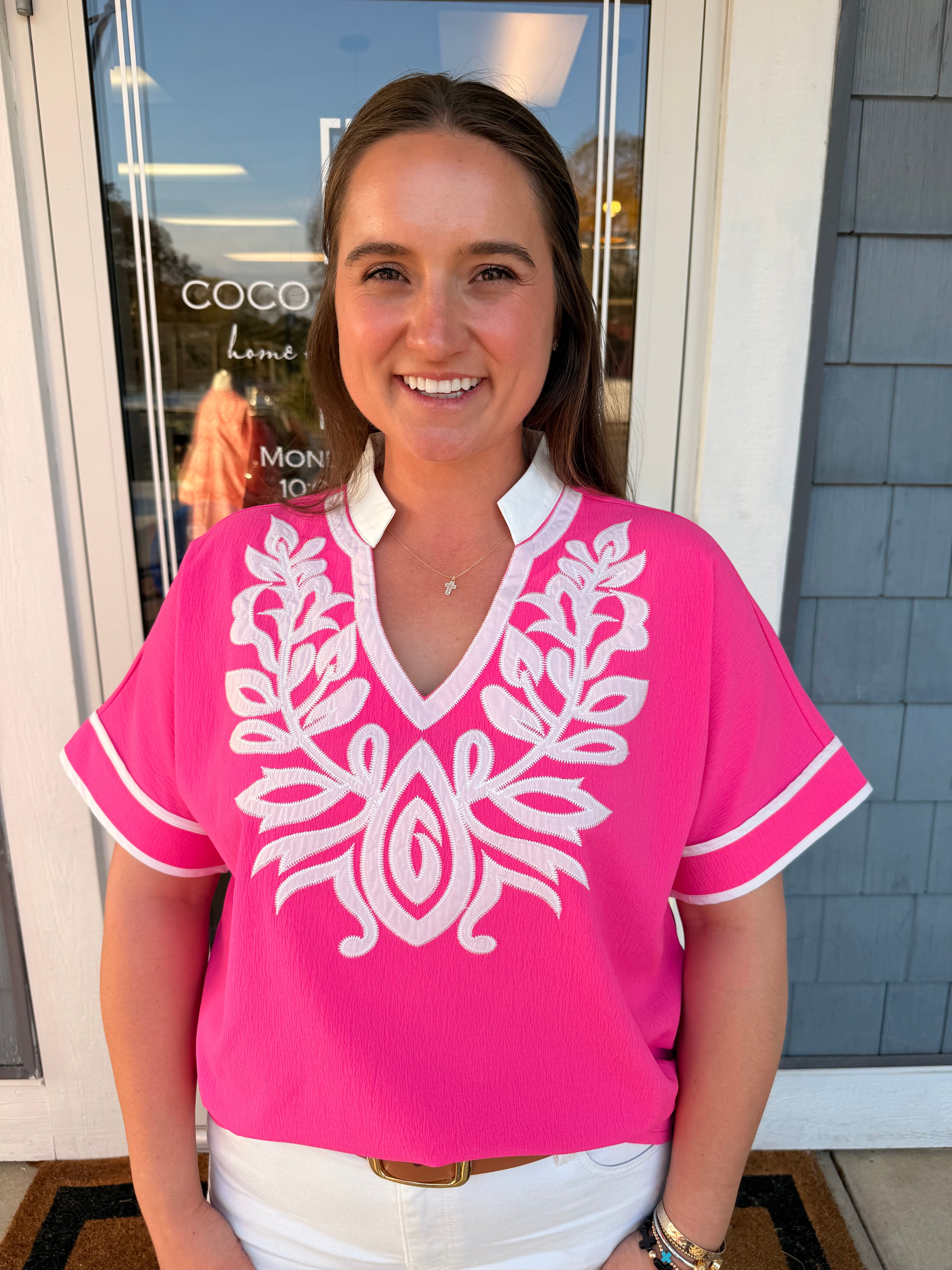 Hot Pink Baroque Appliqué Crinkle Top