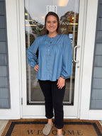 Denim Tencel Button Front Peasant Top