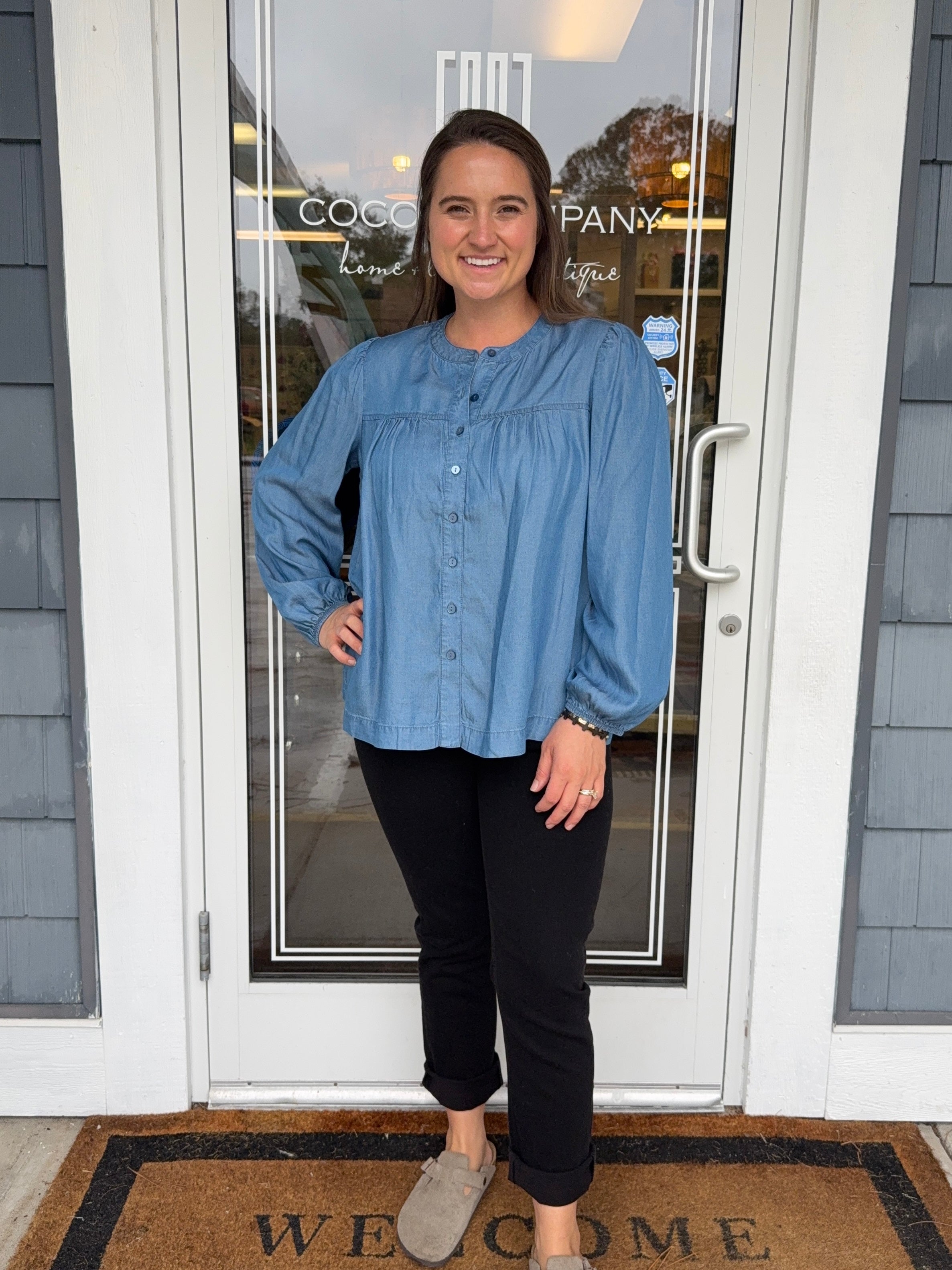 Denim Tencel Button Front Peasant Top