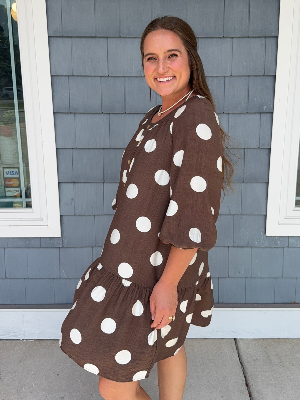 Brown Polka Dot Button Front Dress
